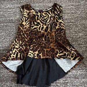 Brown and Tan Asymmetrical Blouse with Animal Print